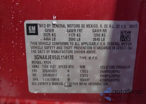 2018 Chevrolet Equinox Lt из США, поврежденный, VIN 3GNAXJEV9JL114178